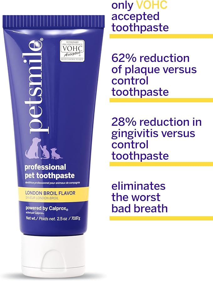 Petsmile Professional Pet Teeth Brushing Kit for Cats & Dogs - VOHC Accepted Toothpaste & Patented Toothbrush - Proven to Control Plaque & Tartar Calprox Formula (London Broil, 2.5 Oz)