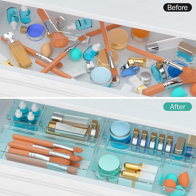 12 Pack Clear Drawer Organizer Set, Drawer Storage Trays, Storage Bins | Acrylic Drawer Storage Trays, Storage Bins for Makeup, Cosmetics, Jewelries, Utensils, Gadgets, Office