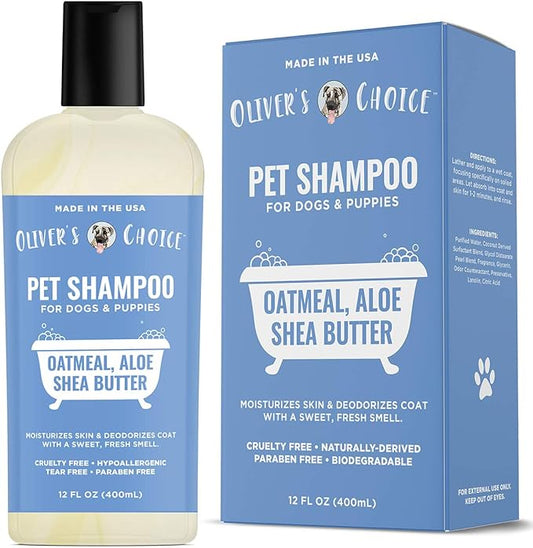 OLIVER'S CHOICE Dog Shampoo with Oatmeal, Aloe & Shea Butter – Deodorizing Puppy Shampoo for Smelly Dogs, Itchy Skin Relief, Paraben-Free, Biodegradable, Cruelty Free – 14 fl. oz