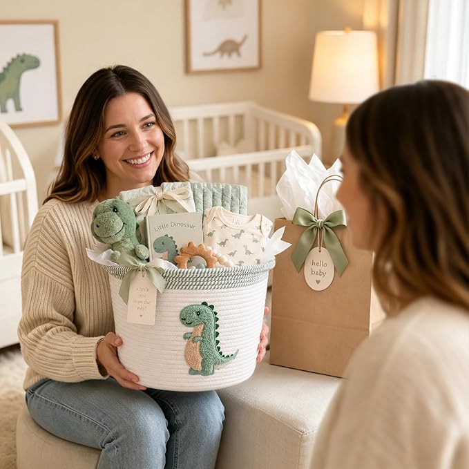 Baby Hamper Large Toy Storage Basket for Toddlers Boys, Dinosaur Room Decor | 14" x 14" Blanket Baskets for Living Room, Cotton Rope Toy Box for Stuffed Animal Storage Baby Laundry Hamper, Nursery Decor