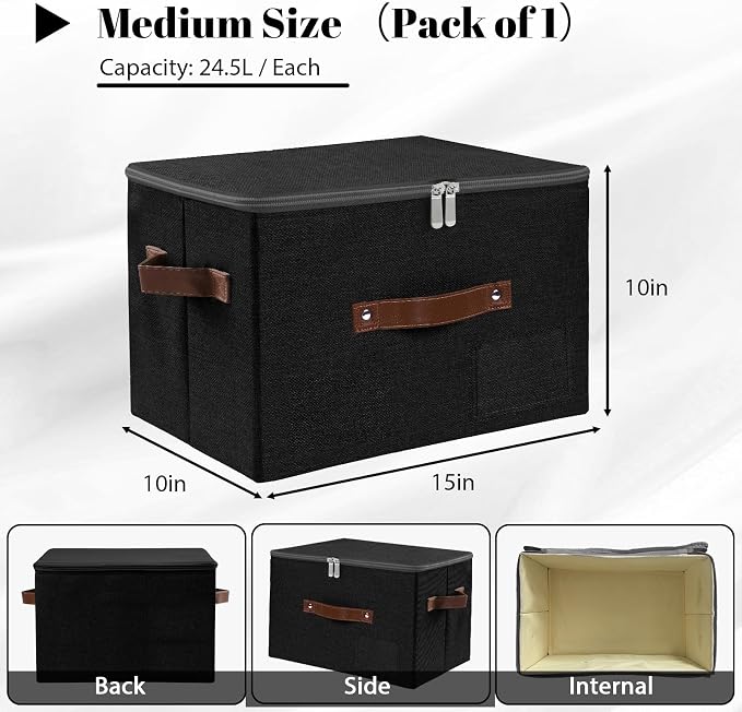 ANMINY Storage Box Fabric Bins with Zipper Lid, 15"x10"x10" Black | Keepsake Box, Decorative, Cotton Linen, Reinforced PP Board Frame, Washable, Stackable & Foldable, Label Holder & PU Handles