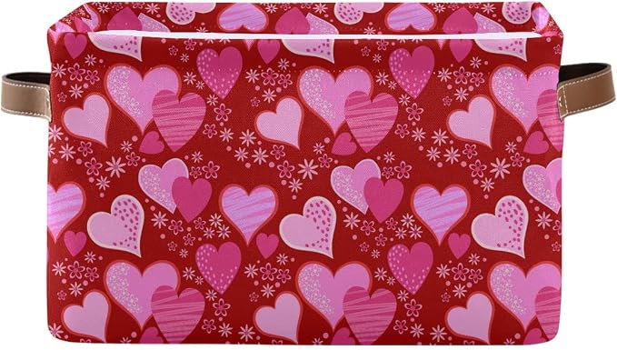 Pink Red Love Heart Storage Basket Fabric Laundry Baskets Happy Valentine's Day Storage Boxes Organizer Bag for Baby Cloth Dog Toy Book Storage Cubes Shelf Closet Bins 16×12×8 Inches
