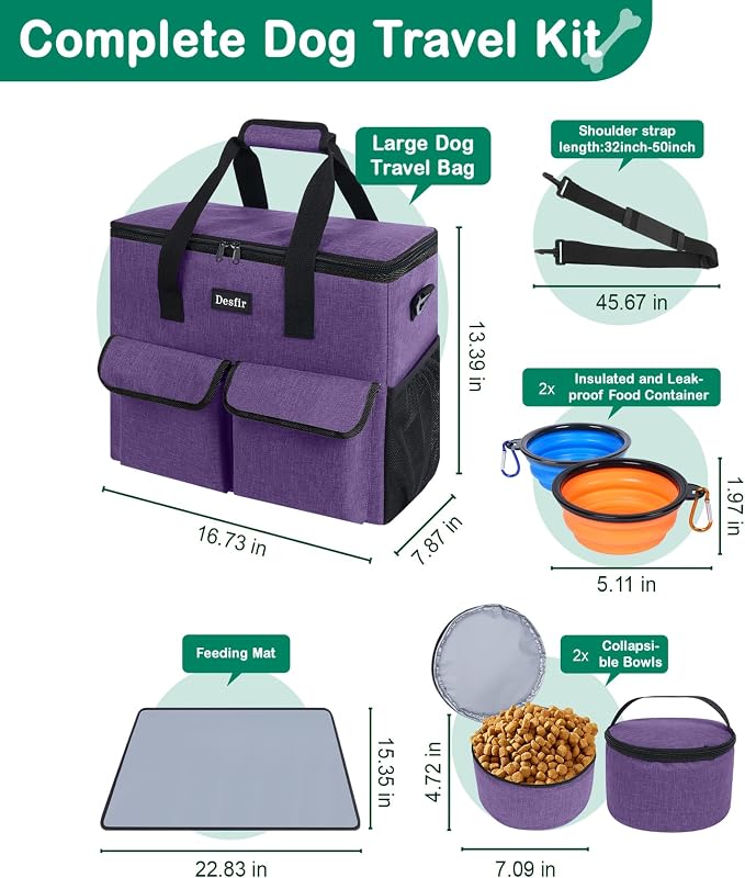 Dog Travel Bag - Dog Travel Kit for a Weekend Away Set Includes Pet Travel Bag Organizer for Accessories, 2 Collapsible Bowls, 2 Travel Food Container
