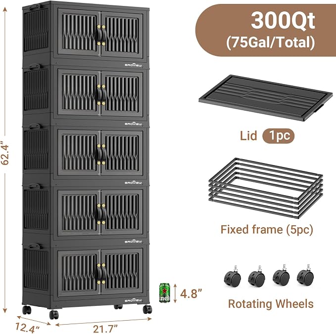 BROVIEW 300Qt Stackable Storage Bins with Lid for Home Dorm, 5Pack Black | Closet Organizers, Foldable & Collapsible Cabinets, Large Containers, Wheels & Magnetic Doors, Plastic Drawers for School