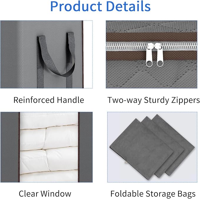 Blanket Storage Bags 120L for Comforter Clothes Bedding Sheet Grey | Breathable Fabric, Reinforced Handles, for King Comforters Bedding Pillows and Sheets, Closet and Bedroom Storage
