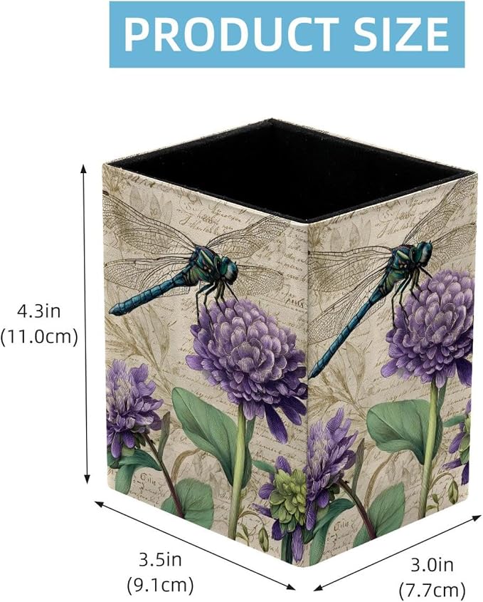 Dragonfly Retro Pen Holder for Desk Decor, Rectangular PVC Leather Pencil Cup for Desk Pen Organizer, Makeup Brush Holder for School, Home, Office