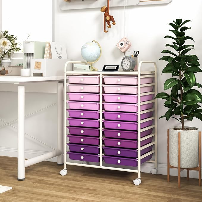 20 Drawer Rolling Storage Cart, Art Cart Organizer with Wheels for Makeup, Tool, Paper, Multipurpose Craft Storage Cart with Drawers for Office, Home, Classroom, School (Gradient Purple)