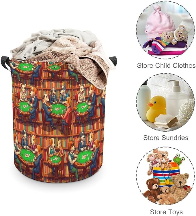 Foldable Laundry Organizer with Handles Dogs Playing Poker Cards Library, Waterproof Hamper Basket for Clothes, Toys, and Bedroom Storage Solutions