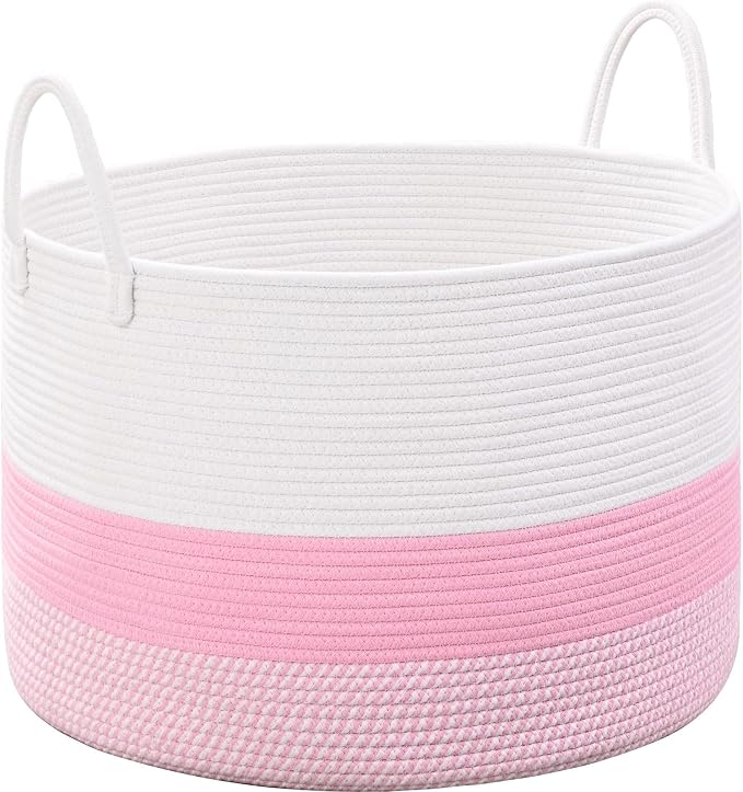 67L Large Woven Blanket Basket, Cotton Rope Baby Laundry Hamper with Handles, Kids Toy Basket for Classroom & Nursery, Soft Round Stuffed Animal Storage, Dog Toy Bin - 20"x13", Light Pink