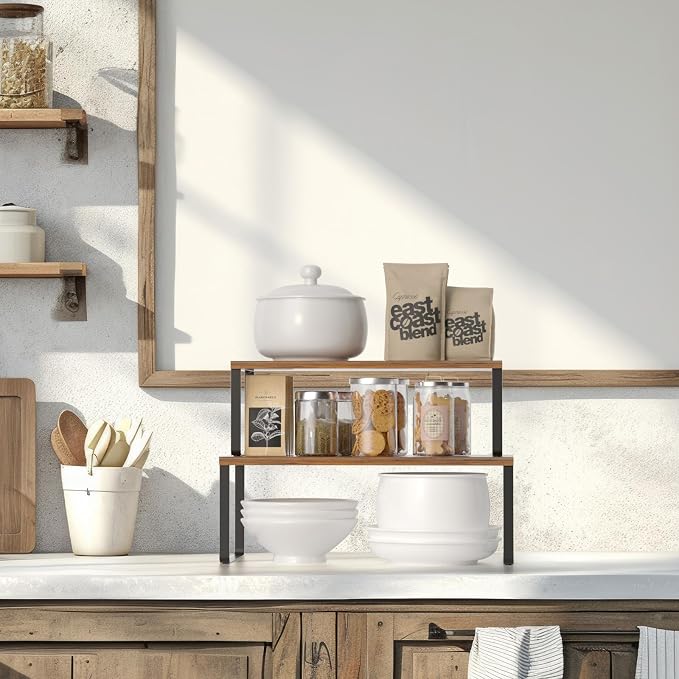 NEX Cabinet Organizer Shelf, Kitchen Counter Shelves Set of 4 | Stackable & Expandable Spice Rack, Space-Saving Pantry Organizers Bathroom Countertop Storage, Black and Rustic Brown