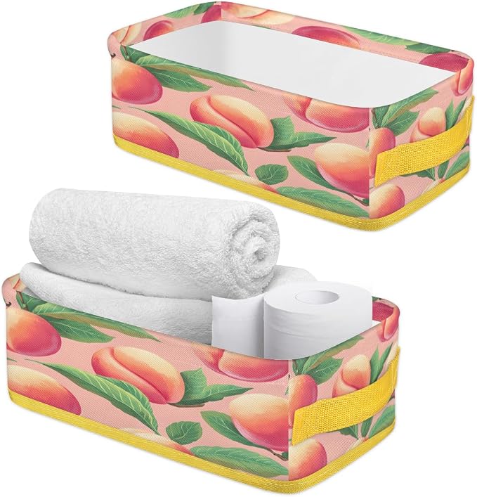 Watercolor Peaches Bathroom Storage Basket Waterproof Foldable Storage Bins with Handles Decorative Toilet Paper Storage Basket for Organizing for House Bathroom Toiletries Set of 2