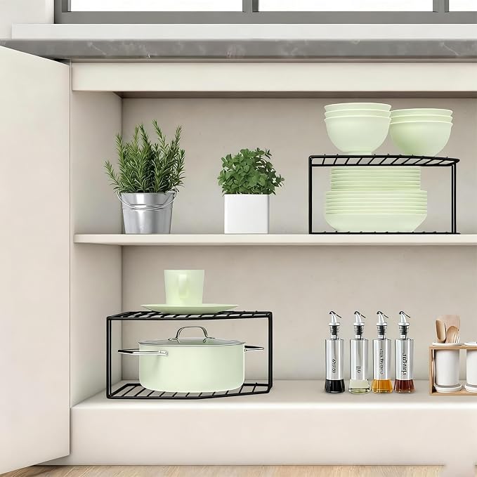 2Pcs 2-Tier Corner Stackable Organizer Shelf - Cabinet Storage Shelf Rack, Shelves，Kitchen Counter and Cabinet Shelf, Storage Rack Organizer for Kitchen (Black)