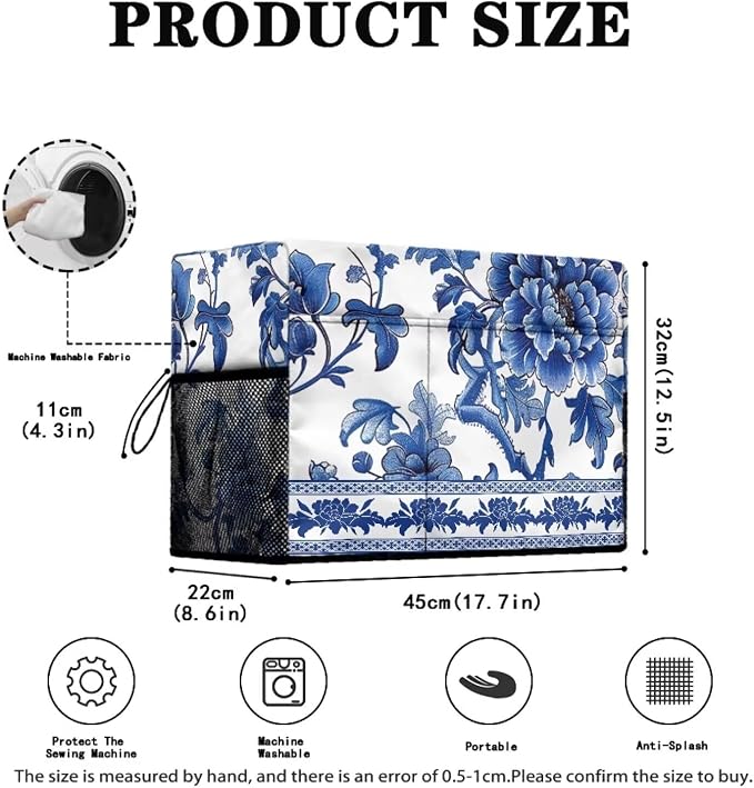 Blue White Floral Print Sewing Machine Cover with Storage Pockets,Dust & Pet Hair Protection,Fits Standard Singer, Brother and Janome Machines, Protecting & Decorating Your Sewing Space