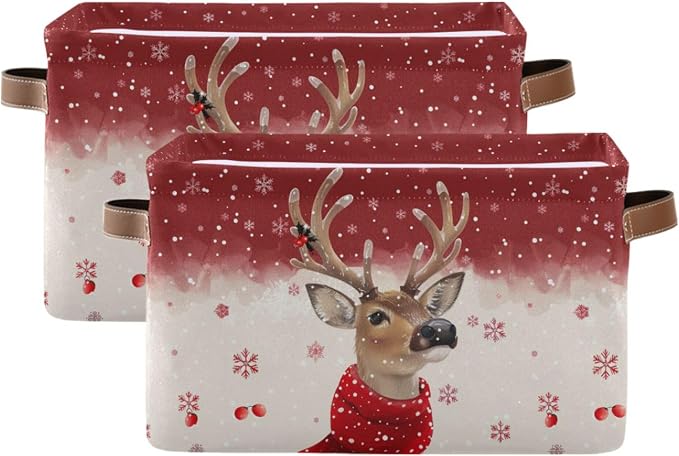 Wamika Christmas Reindeer Storage Basket with Waterproof Liner and PU Handles Winter Snowflake Red Storage Bins Boxes 14.2" Collapsible Decorative Organizer Baskets for Bedroom Closet Office 2 Pack