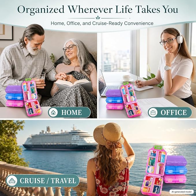 3 Pack Pill Organizers with Medicine Labels, Pink Blue Purple | 3 compact pill cases with 3x161 medicine labels for 7-day planning, vitamins, travel, family use, and separate routines