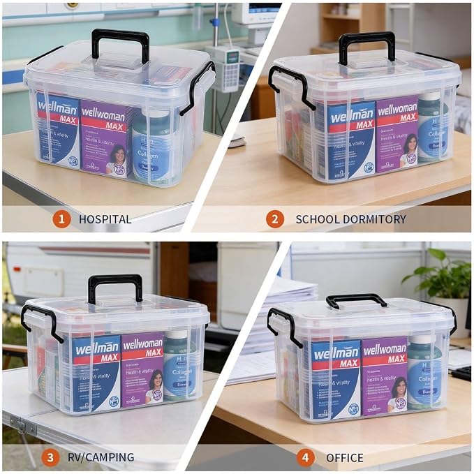 HEY FOLY Set of 2 Clear Medicine Organizer Storage Box with Tray, 15qt+5qt Plastic First Aid Box Empty, Thickened Medicine Container Chest, Multipurpose Medical Case with Labels, Clear Medicine Caddy
