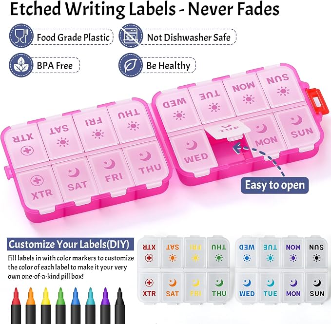 Foldable Weekly Pill Organizer 2 Times a Day with 2 Extra Compartments - Etched Labels - Portable 7 Day AM PM Medicine Box, Week Daily Travel Pill Case Holder for Meds, Vitamin, Supplement -Clear Pink