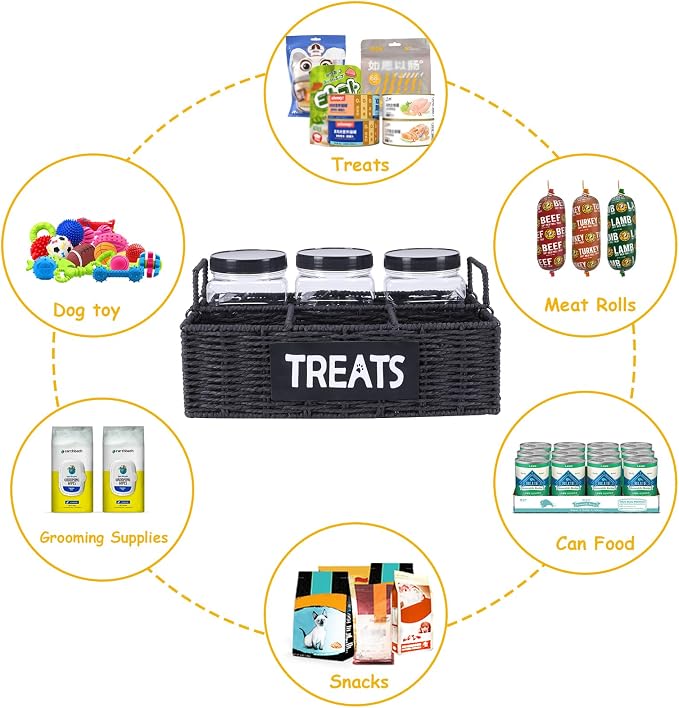 Dog Treat Container for Countertop,3pcs Pet Dog Treat Jars 1 Liter,4-Compartments Dog Treat Organizer,Woven Paper Rope Basket with Metal Frame for Pet Treats-Black
