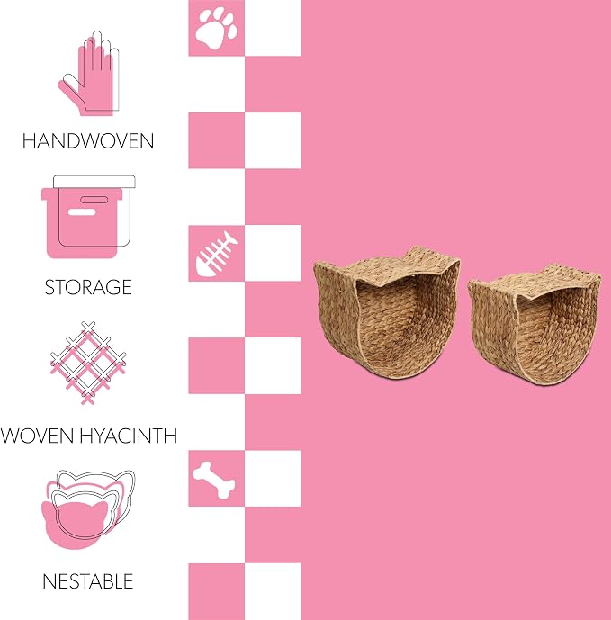 Felix Cat Shaped Hand Woven Water Hyacinth Nesting Pet Toy Organizer Baskets with Metal Frame Decorative Storage Bins for Living Room and Nursery, Brown, (Set of 2) BSK4001B-2SET