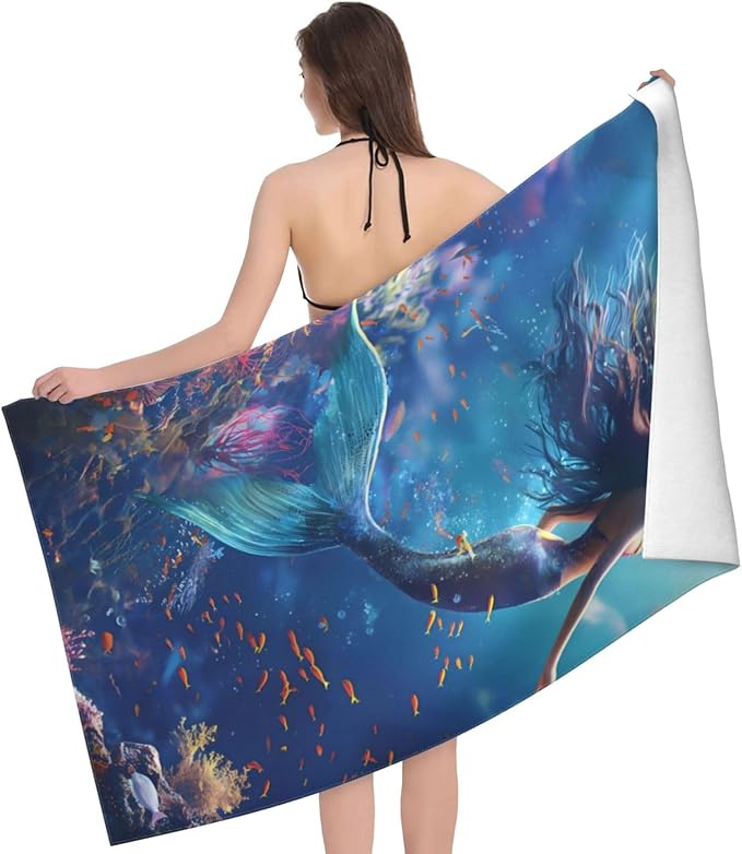 Mermaid Beach Towel 31inx51in, Underwater Sand-Free Microfiber Bath Towel Ultra Soft Quick Dry Pool Towel Absorbent Towel Lightweight Towel for Swimming Bathroom Decor