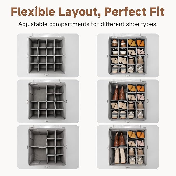 StorageWorks 2-Pack 32-Pair Shoes Organizer with Adjustable Dividers, Grey | Holds up to 16 Pairs Each, Foldable, Clear Lid, Reinforced Handles, Fits Sneakers, Sandals & Flats, For Closet, Entryway