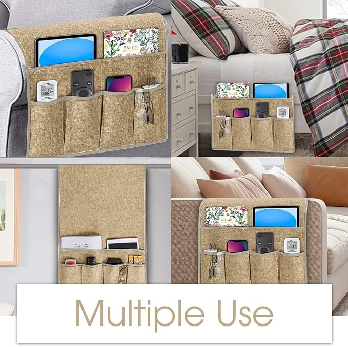 Joywell Arm Chair Caddy Remote Control Holder Organizer for Recliners Couch Armrest Organizer Non Slip with 6 Pocket Storage for Magazine, Tablet, Phone, iPad, Khaki