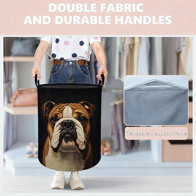 Bulldog Laundry Basket Hamper 19.7"x15.8", Organizer Bins Gifts for Women Men Adults, Cute Dog Foldable Waterproof Oxford Clothes Storage Bucket for Bedroom Bathroom Decor