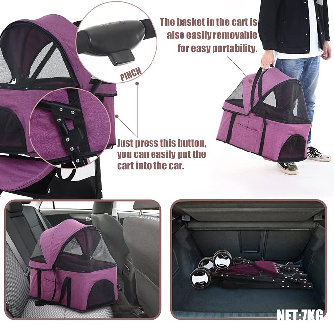 NChanmar Dog Stroller Cat Pet stoller 3-in-1 Folding for Small Medium Dogs Cats with Detachable Carrier Storage Basket Waterproof Lightweight Travel,Purple, 3 Wheels, 7.0 kilograms