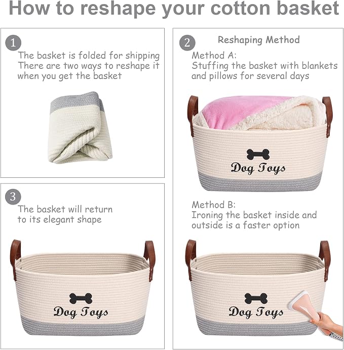 Large Cotton Dog Toy Basket, 16.5"x10.6"x7.5" - Perfect for Organizing Pet Toys, Blankets, Leashes, Coat & More - Beige Gray