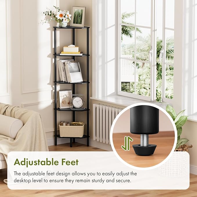 5-Tier Black Corner Shelf, Bamboo Corner Bookshelf, Indoor Plant Shelf, Kitchen Free Standing Shelf Storage Organizer, Tall Narrow Bookcase for Small Spaces, Bedroom, Living Room, Office