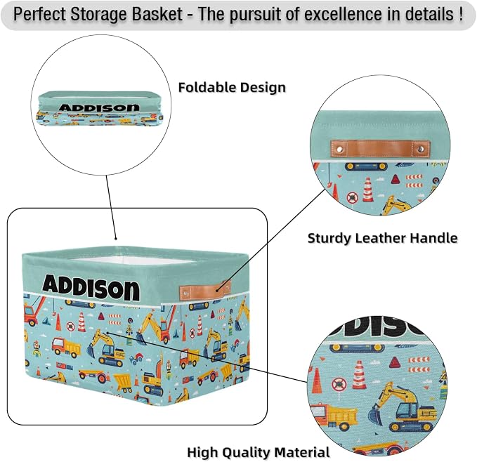 Custom Storage Basket, Personalized Name Rectangle Organizer Bin for Pet/Children Toys, Books, Clothes, Perfect for Rooms/Playroom, Cartoon Construction Site Cranes Excavator