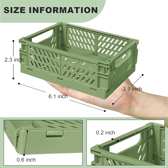 Tobeso-Nuoze Mini Pastel Plastic Storage Bins 2Pcs Foldable Pastel Crates | Basket Colorful Storage Containers Baskets for Classroom Kitchen Office Bedroom Desktop Home Decor (Green 5.8" x 3.8" x 2.2")