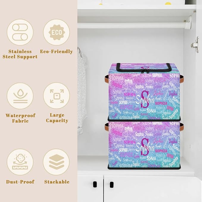 Custom Storage Baskets Named with Zipper Lid, Pink with Blue Bling Glitters Personalized Storage Bins Basket Boxes PU Leather Handles for Clothes Bedroom Closet Organizing Toys Books Shelves