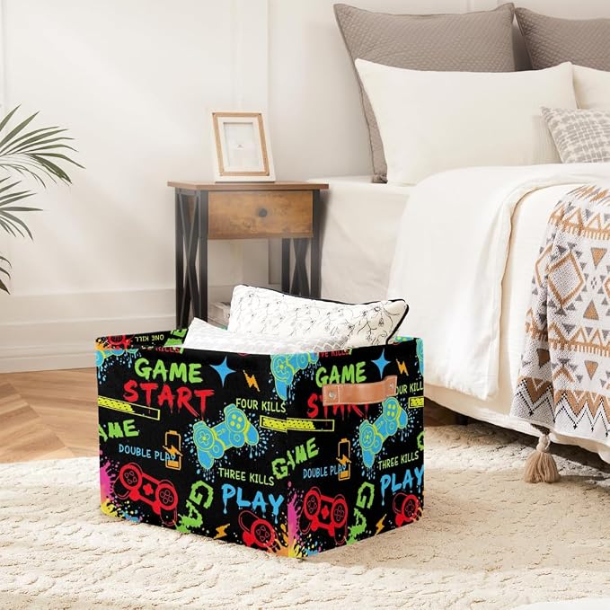 Rectangle Storage Basket with Handles, Cube Organizer Bins for Shelves Collapsible Toys Storage Box Clothes Baskets for Nursery Home Kids Room(Game)