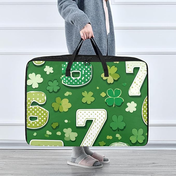 Comforter Storage Bags Large Folding Blanket Organizer Bag with Strong Handles Clear Window Closet Storage Containers for Clothes King Queen Pillows Bedding Quilt Duvet Dark Green Clovers 67