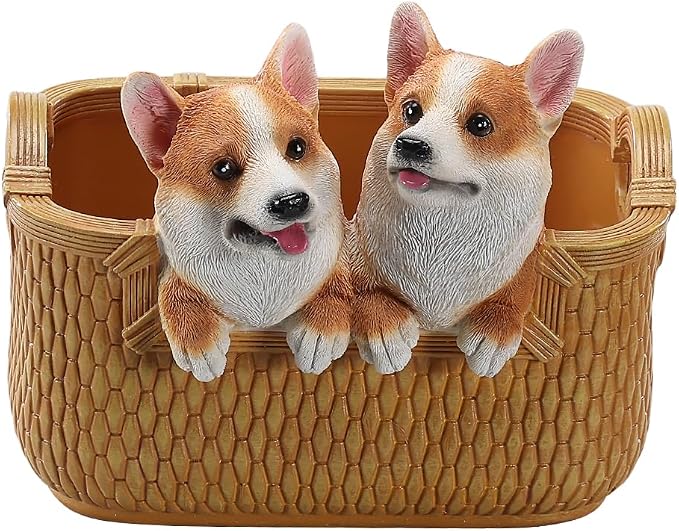 Catchall Bowl Corgi Statue - Decorative Entryway Key Holder & Candy Dish - Cute Double Dog Figurine Organizer for Desk & Room Decor - Pet Lover Housewarming Gift, Double Corgi in Basket