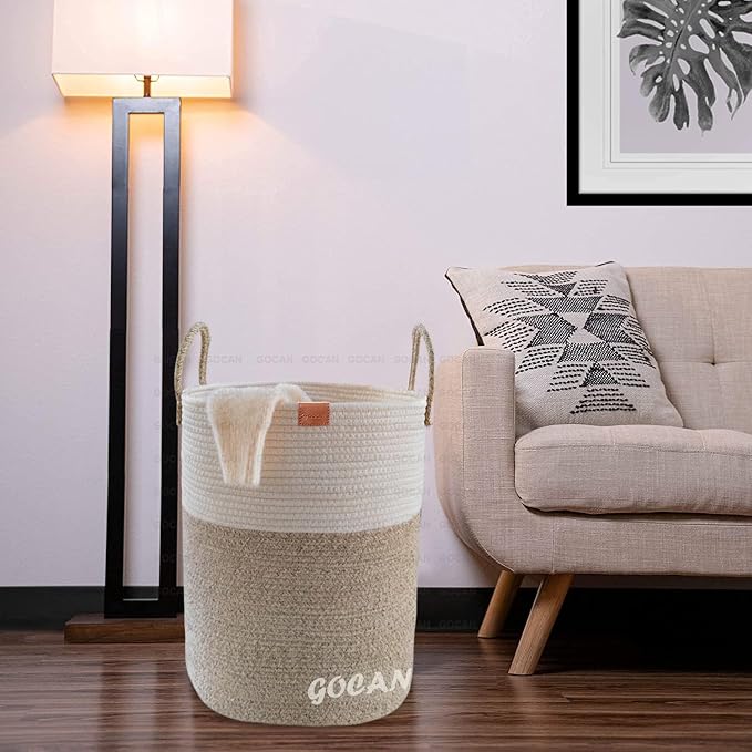 GOCAN large tall sturdier Laundry Hamper Basket Woven Storage Baskets for clothes Pillows Blanket Toy in living or bed room decoration H50XD38cm borwn/beige
