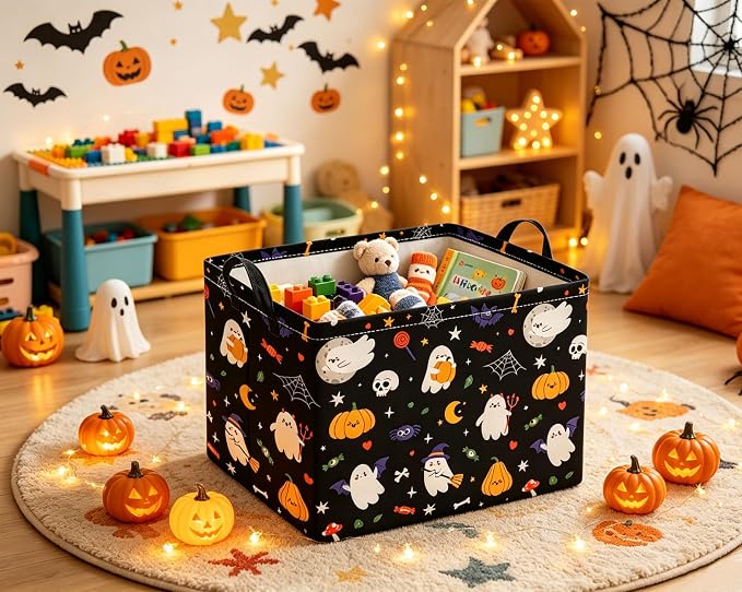 Rectangular Halloween Basket for Boys and Girls Kids Trick or Treat Pumpkin Basket for Halloween Parties Cute Storage Bin Organizer Box Room Decor(Black Halloweens)