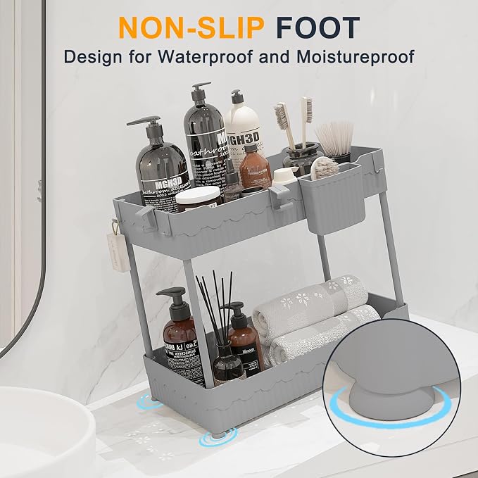 2-Pack Under Sink Organizer with Hooks & Hanging Cup for Kitchen | Multi-use kitchen & bathroom storage, 14.8 inch grey cabinet organizer, with hooks and hanging cup for easy access.