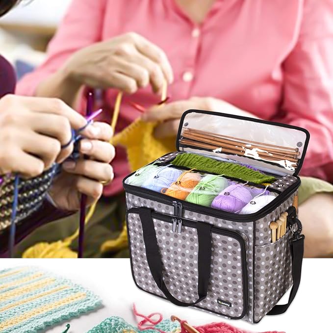 Teamoy Knitting Bag, Yarn Storage Organizer Crochet Bag Tote, Gray Dots | Yarn Holder with Inner Divider(Sewn to Bottom) for Crochet Hook, Knitting Needles(Up to 14"), Project and Crocheting Supplies
