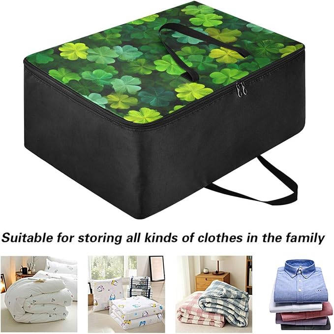 Comforter Storage Bags Large Folding Blanket Organizer Bag with Strong Handles Clear Window Closet Storage Containers for Clothes King Queen Pillows Bedding Quilt Duvet St Patrick Clovers Green