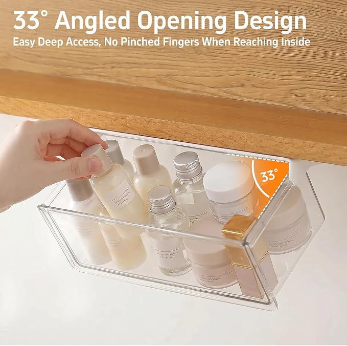 Adhesive Drawer Organizer for Under Medicine Cabinet, Clear | No-Drill, Smooth Pull-Out, 33° Tilted Design, Easy Access, Space Saving Storage, for Bathroom, Kitchen & Vanity