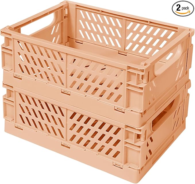 Tobeso-Nuoze Pastel Plastic Storage Baskets 2 Pack, Collapsible Crates | for Organizing, Space-Saving Bins for Kitchen, Office, Bedroom (Orange, Medium:9.8" x 6.5" x 3.8")