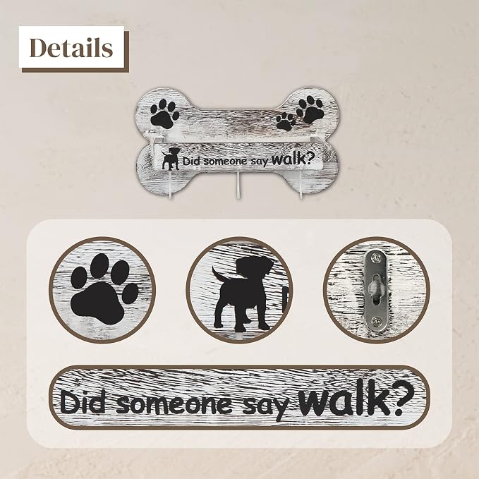 J JACKCUBE DESIGN Rustic White Bone Shape Wall Mounted Dog Leash Holder with 3 Key Holder Hooks and Extra Storage Compartment Box Shelf for Pet Treats, Accessories and more - MK679A