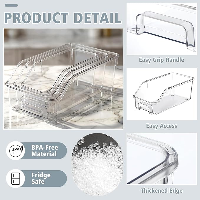 LemonRoad 6 Packs Pantry Organizers and Storage Freezer Clear Organizer Bins with Handle Acrylic Organization Bins Stackable Open Front Storage Vegetable Egg Salad Containers for Kitchen Cabinet