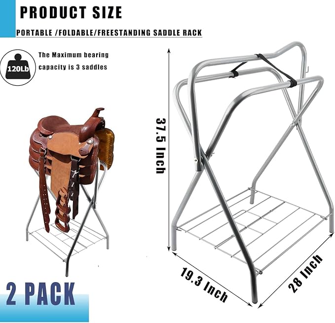 2 Pack Portable Folding Horse Saddle Stand for English & Western Saddles, 28" L x 19" W x 37.5" H, Silver