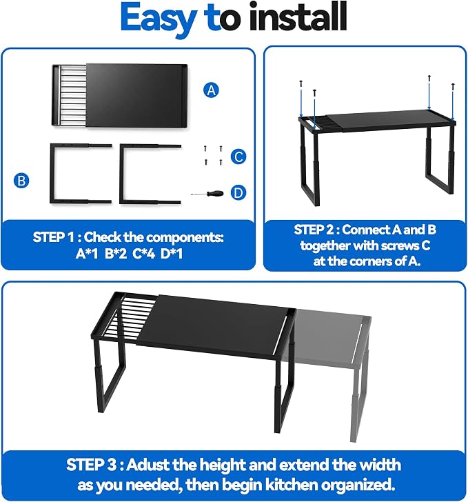 2 Packs Expandable Cabinet Shelf Organizer, Stackable Countertop Shelves | 15.8''- 25.5'' In Cabinet Shelf, Adjustable Kitchen Cabinet Organizer for Pantry Organizer, CupBoard Organizers and Storage