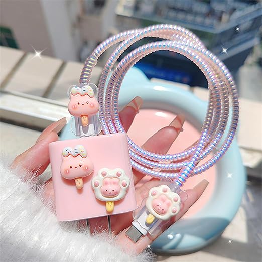 Charger Protector Cute 3D Rabbit Cable Protector for iPhone iPad 18W/20W Charger Cover,Cartoon 3D Cat's Paws Shape Design Charger Cord Protector,Charging Cord Protector for iPhone14 15 16 Pro Max-Pink