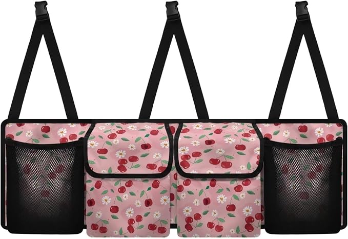 Dreaweet Cute Trunk Organizer for Car Women Pink Cherry Print Car Storage Accessories Interior Car Trunk Organizer SUV Hanging Car Storage Back Seat Bag with 4 Pockets 3 Adjustable Straps