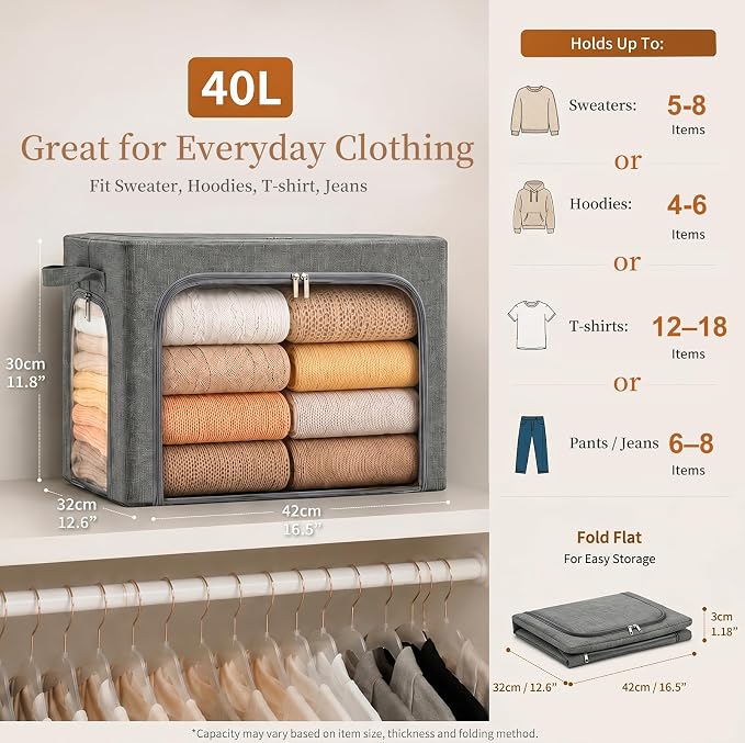 GoMaihe Clothes Storage Bins with Metal Frame for Sweaters, 40L 3-Pack Grey | Seasonal Clothes Hoodies Jeans, Closet Top Shelf Linen Closet Organizer, 3 Side Access Stackable Collapse-Proof, Clear Window